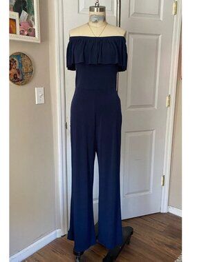 AX PARIS Navy Ruffle Collar strapless Stretch Waist JUMPSUIT Romper *SMALL*